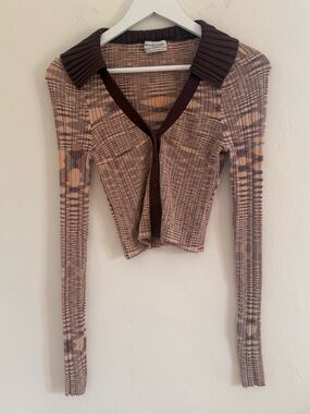 Urban Outfitters Brown and Tan Patterned Ribbed V-Neck Cardigan